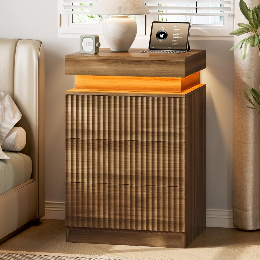 Xixini Nightstand with Charging Station and RGB LED Lights