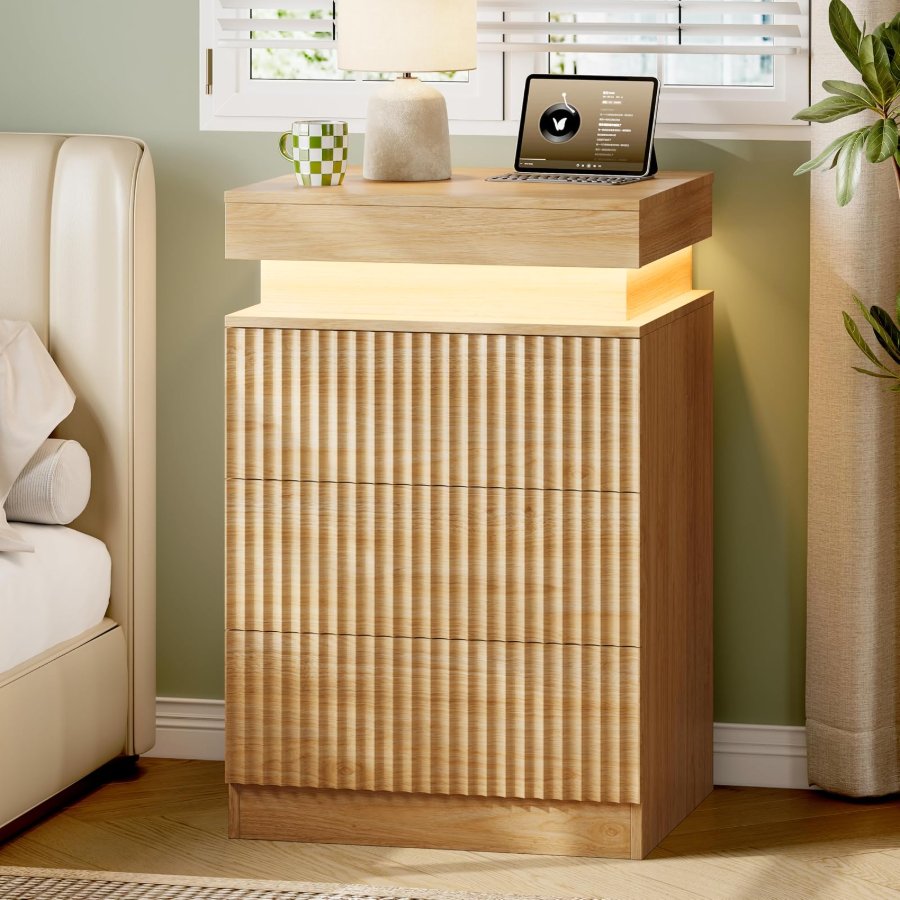 Xixini Nightstand with Charging Station and RGB LED Lights