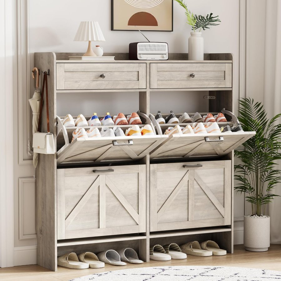 Xixini Shoe Cabinet with 4 Flip Drawers & 2 Top Drawers