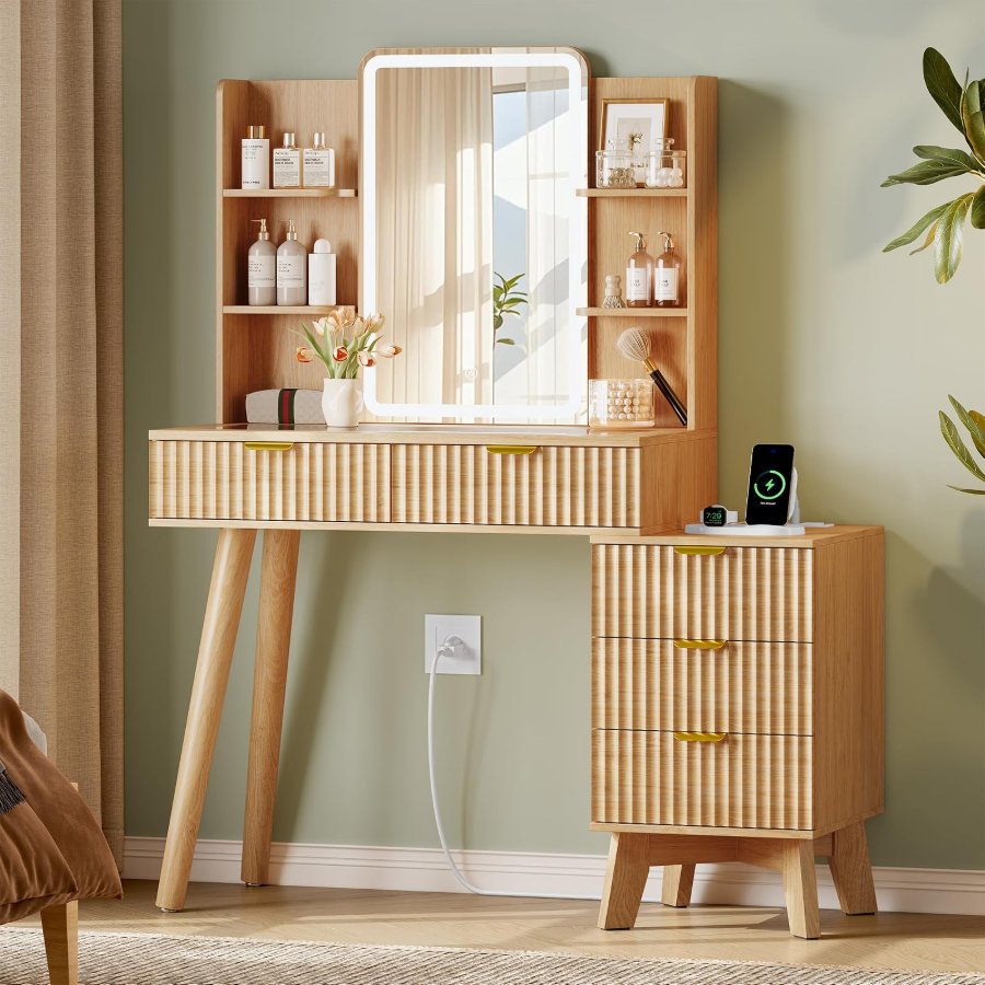 Xixini Vanity Desk With HD Lighted Mirror and Lights