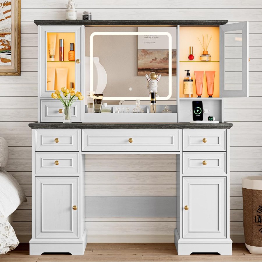 Xixini Vanity Desk with HD Lighted Mirror & Power Outlet