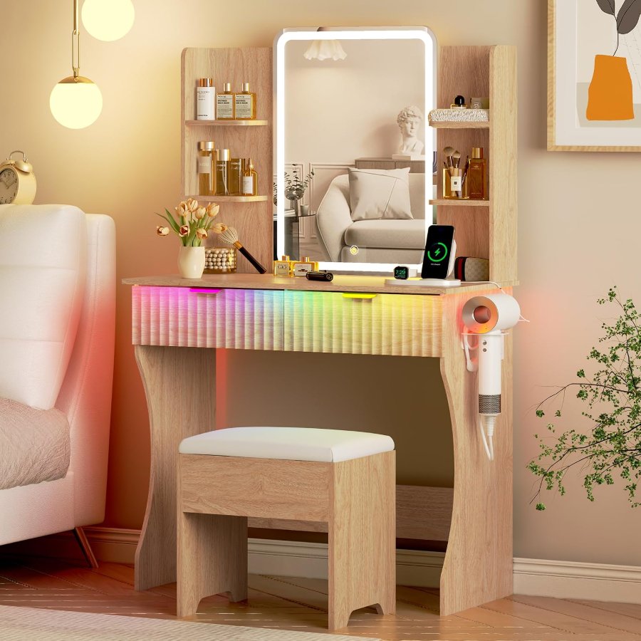 Xixini Vanity Desk with LED Lights Mirror & Power Outlet