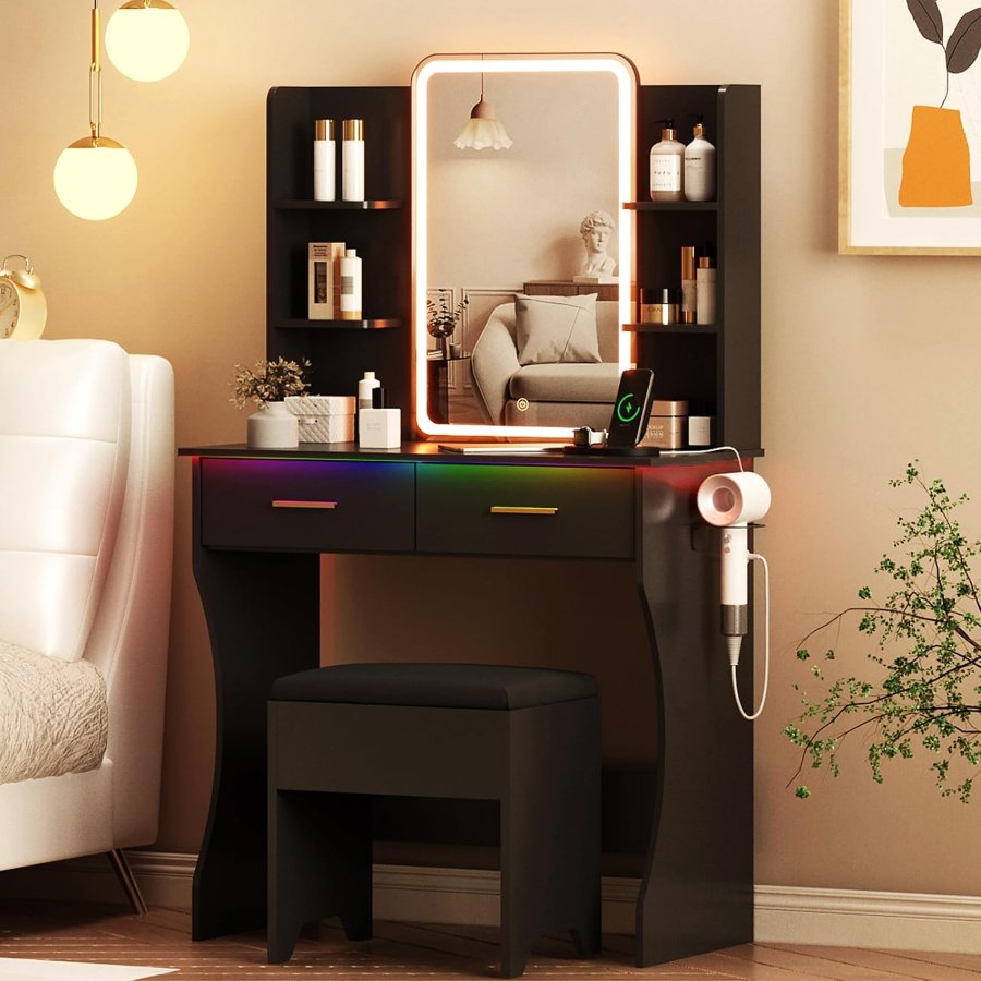 Xixini Vanity Desk with LED Lights Mirror & Power Outlet