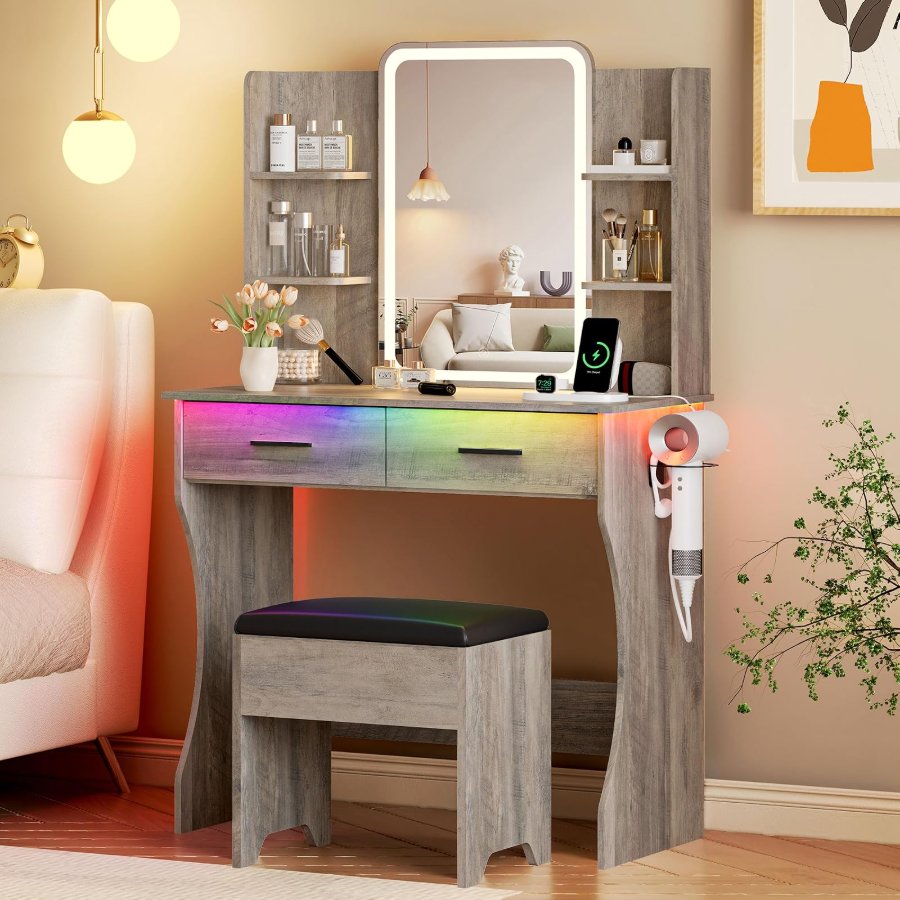 Xixini Vanity Desk with LED Lights Mirror & Power Outlet
