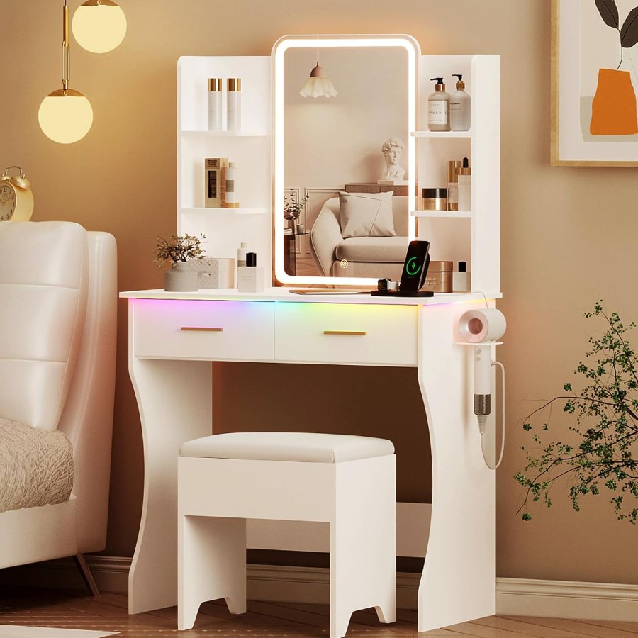 Xixini Vanity Desk with LED Lights Mirror & Power Outlet